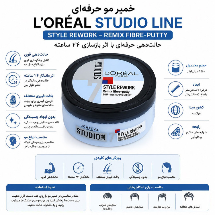 ژل مو مرطوب با قدرت نگهداری زیاد لورآل مدل Fibre Putty حجم 150 میلیلیتر