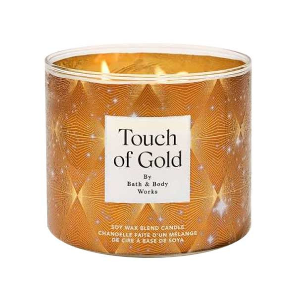 شمع لیوانی معطر بس اند بادی ورکز مدل سه فیتیله Touch of gold با رایحه شکوفه پرتقال زمان اتمام 45 ساعت