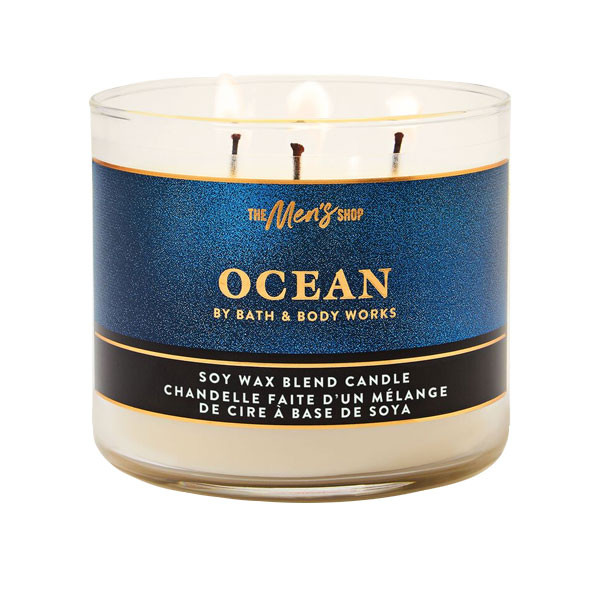 شمع لیوانی معطر بس اند بادی ورکز مدل سه فیتیله ocean با رایحه نسیم دریا زمان سوخت 45 ساعت