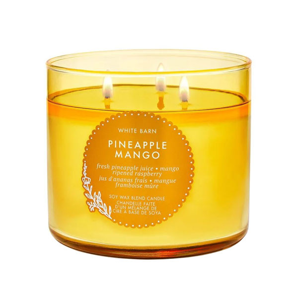 شمع لیوانی معطر وایت بارن مدل سه فیتیله Pineapple mango با رایحه انبه و آناناس زمان اتمام 45 ساعت