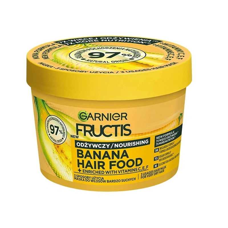 ماسک مو تقویت‌کننده و آبرسان گارنیه مدل BANANA وگان و فاقد سیلیکون مناسب برای موهای خشک و کم آب حجم 400 میلی‌لیتر